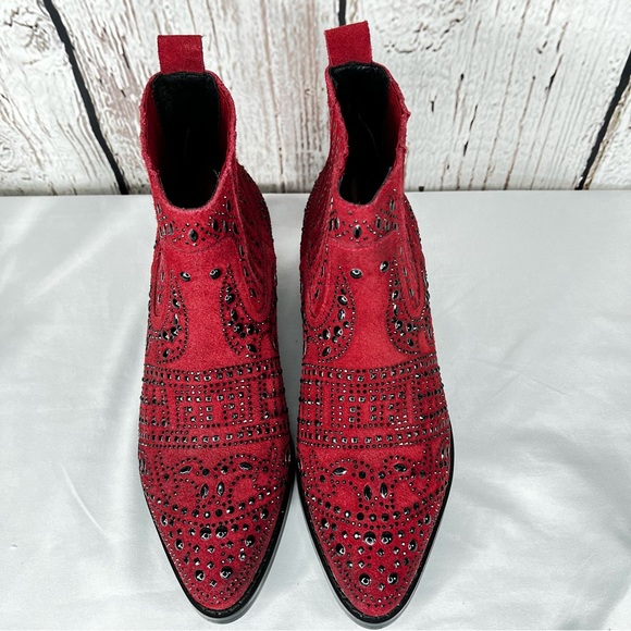 BiBi Lou Rhinestone Maroon Studded Embellished Leather Ankle Booties Boots SZ 38 - Picture 2 of 12